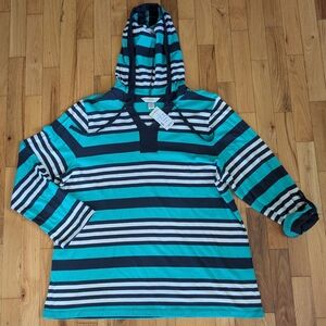 CJ Banks Teal and Navy Striped Hooded Top
